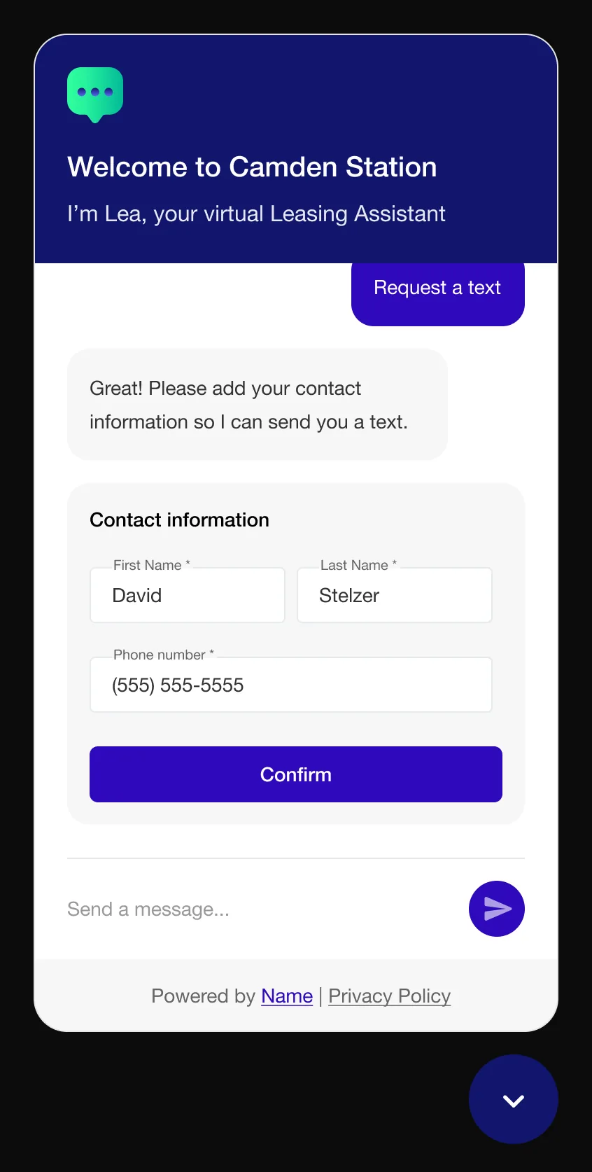 The agent continuing a conversation over SMS.