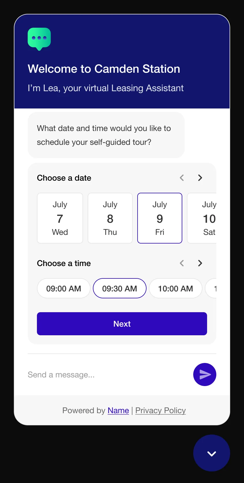 The AI agent surfacing a tour with photos and unit context inline.