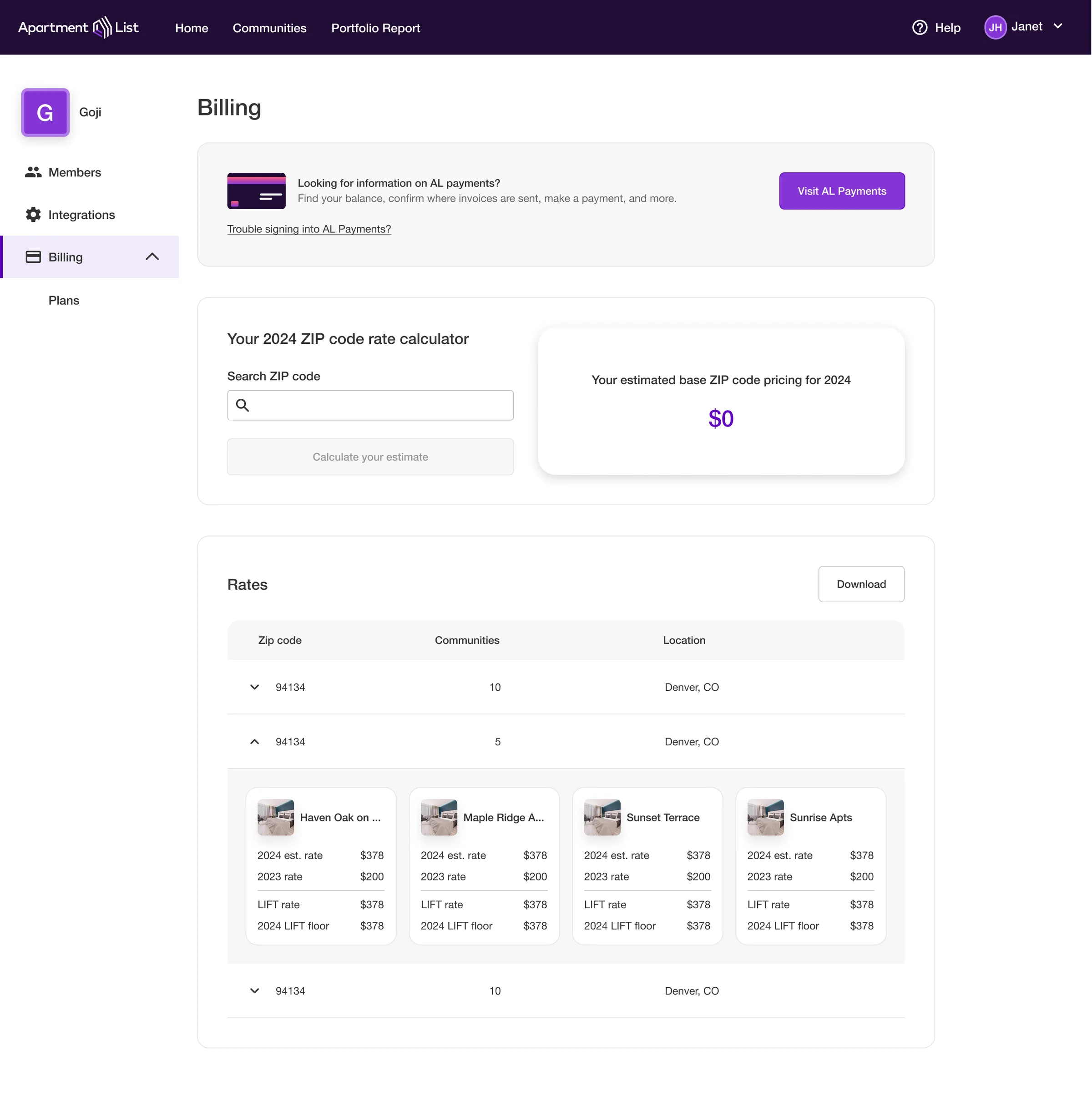 The shipped Billing screen: a 2024 ZIP code rate calculator with a search field and an estimated base price of $0 before a code is entered, and beneath it a Rates table grouped by ZIP code — one row expanded to show four communities, each with its 2024 estimated rate, 2023 rate, LIFT rate, and 2024 LIFT floor.