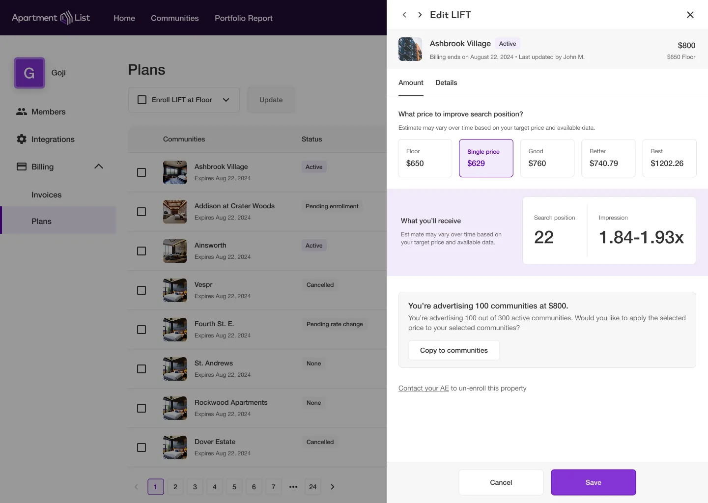 Plans dashboard with an embedded upgrade modal.