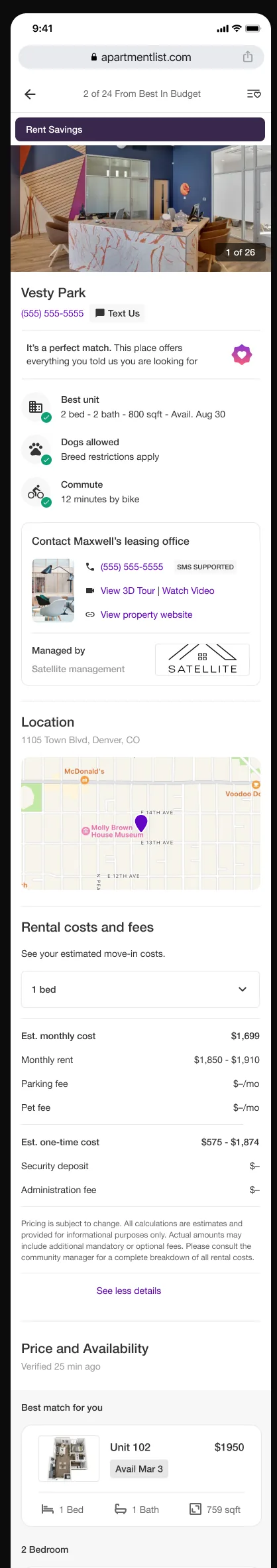 A listing page for Vesty Park with a Rent Savings banner, a match summary, the leasing office contact, a location map, and an expanded Rental costs and fees section itemising estimated monthly cost of $1,699, monthly rent, parking fee, pet fee, security deposit, and administration fee, closing on a disclaimer that pricing is subject to change.