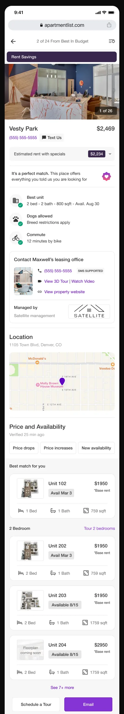 The same listing collapsed to a headline price of $2,469 with an estimated rent with specials of $2,234, the fee breakdown hidden, and the space given instead to price and availability filters and four unit cards.