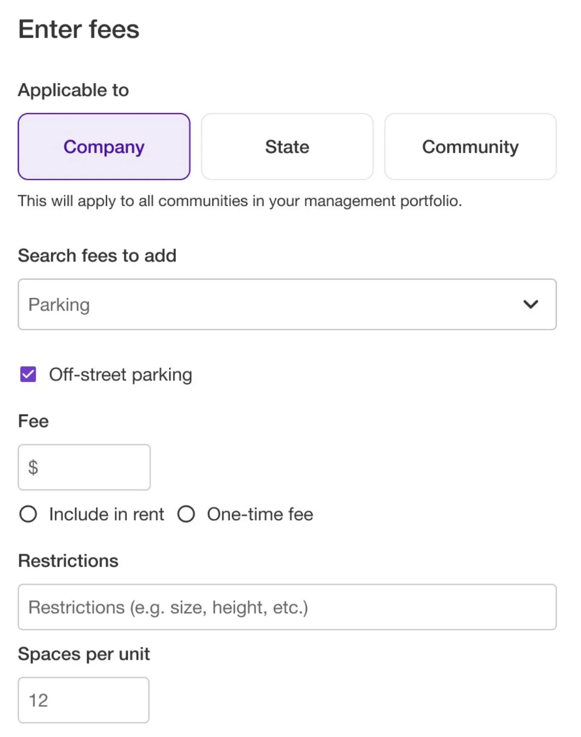 The fee authoring form, with an “Applicable to” selector offering Company, State, or Community scope.