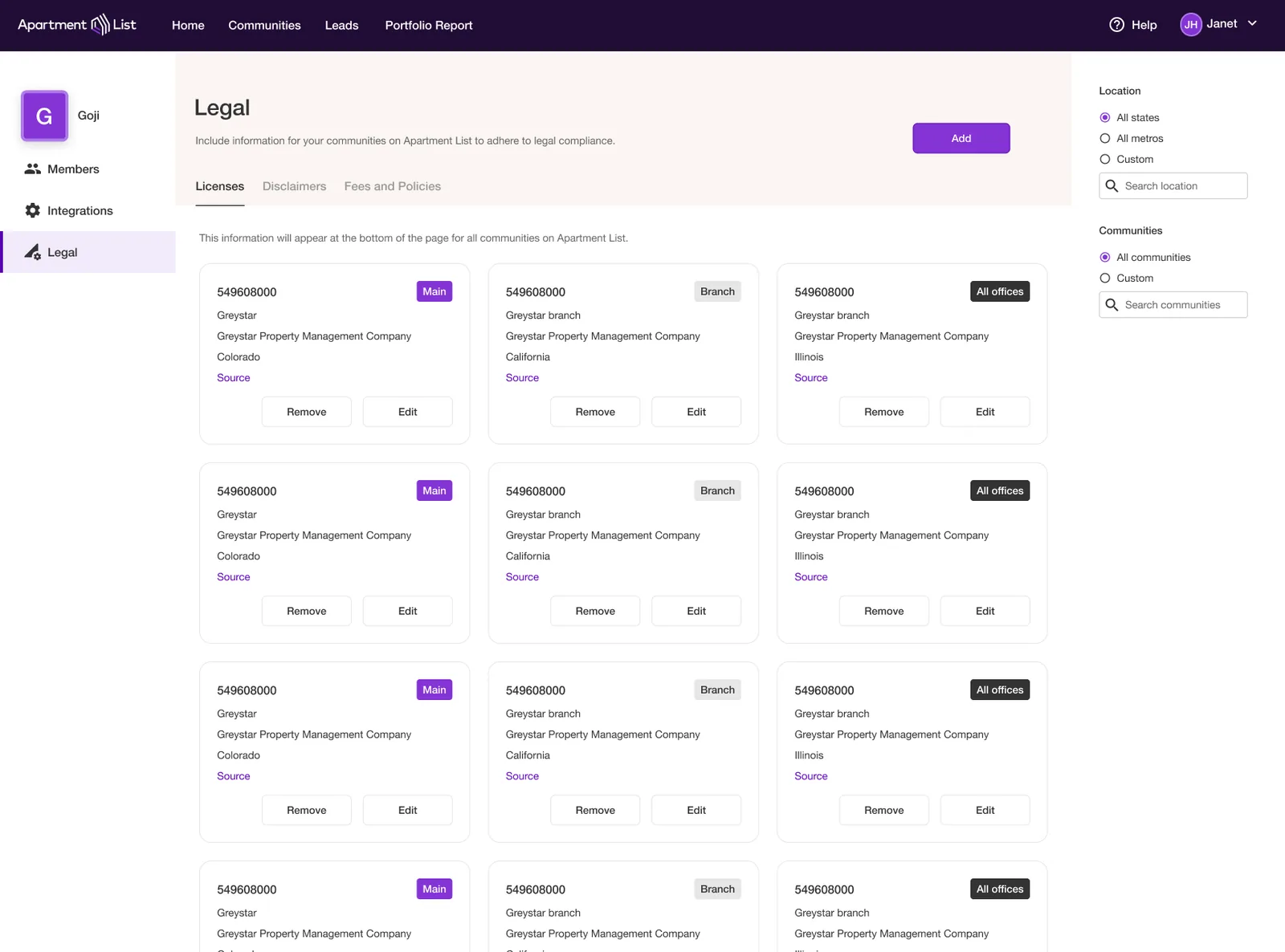 License tracking across properties.