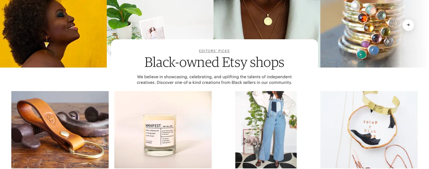 A second Editors' Picks collection, “Black-owned Etsy shops”, in the same page shell as the seasonal one.