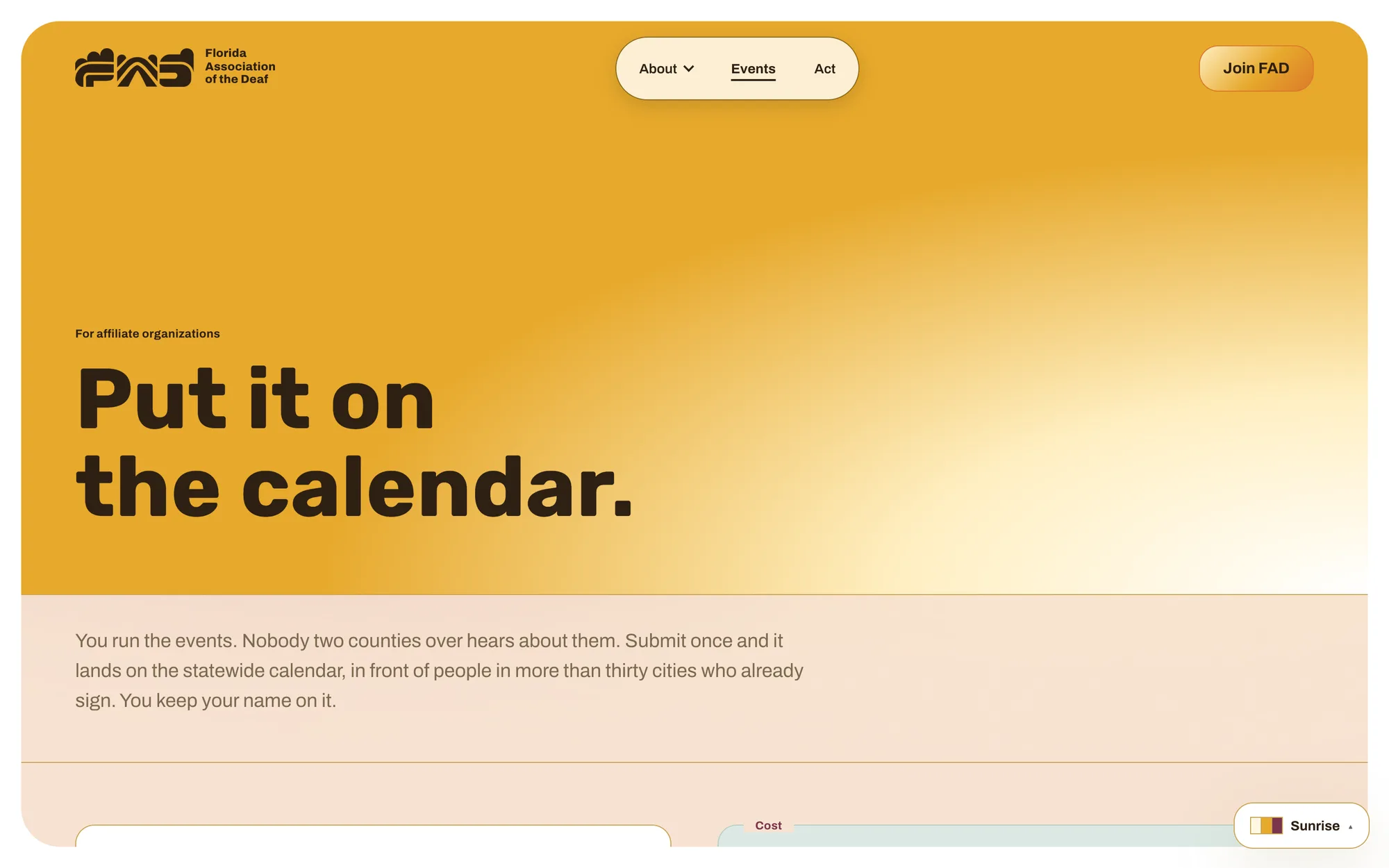 The Sunrise event submission page: a marigold gradient with the headline Put it on the calendar., labelled For affiliate organizations, and a line saying submit once and it lands on the statewide calendar.