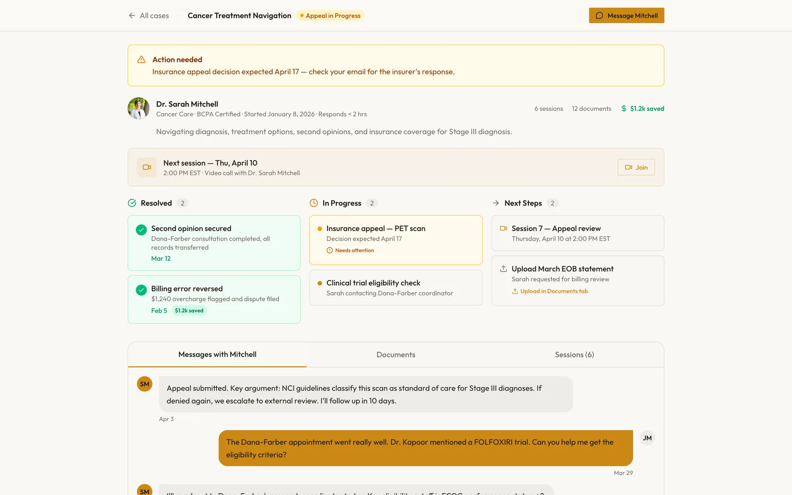 A single case: an action-needed banner, the advocate and next session, then three columns for resolved, in progress, and next steps.