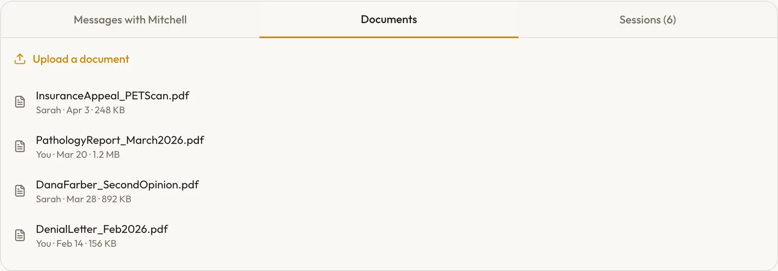 The documents tab: four PDFs in one undifferentiated list, newest first, each with an uploader and a file size.
