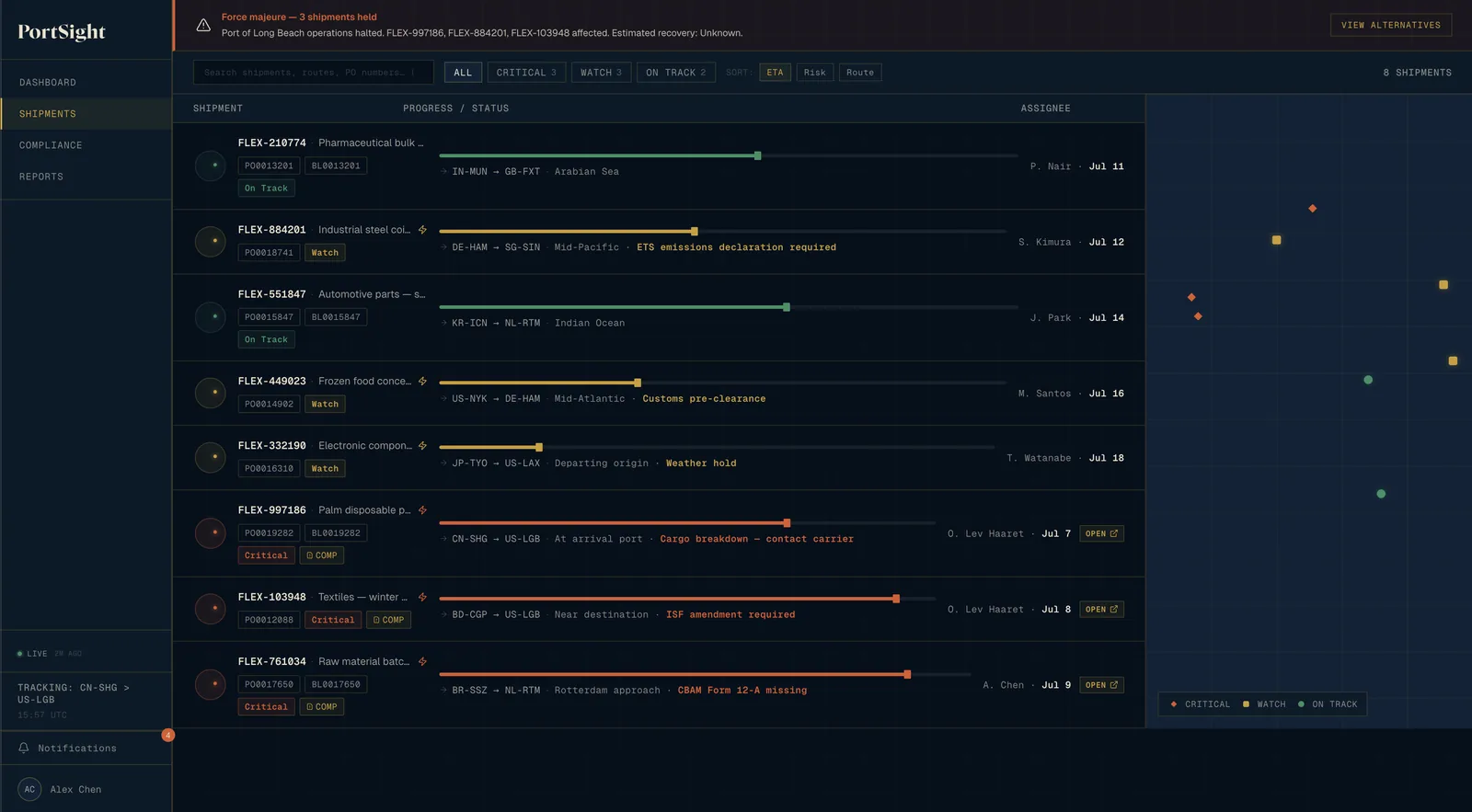The earlier Shipments screen: a list of eight shipments on the left, and on the right a dark grid with seven scattered coloured dots and a critical/watch/on-track legend.