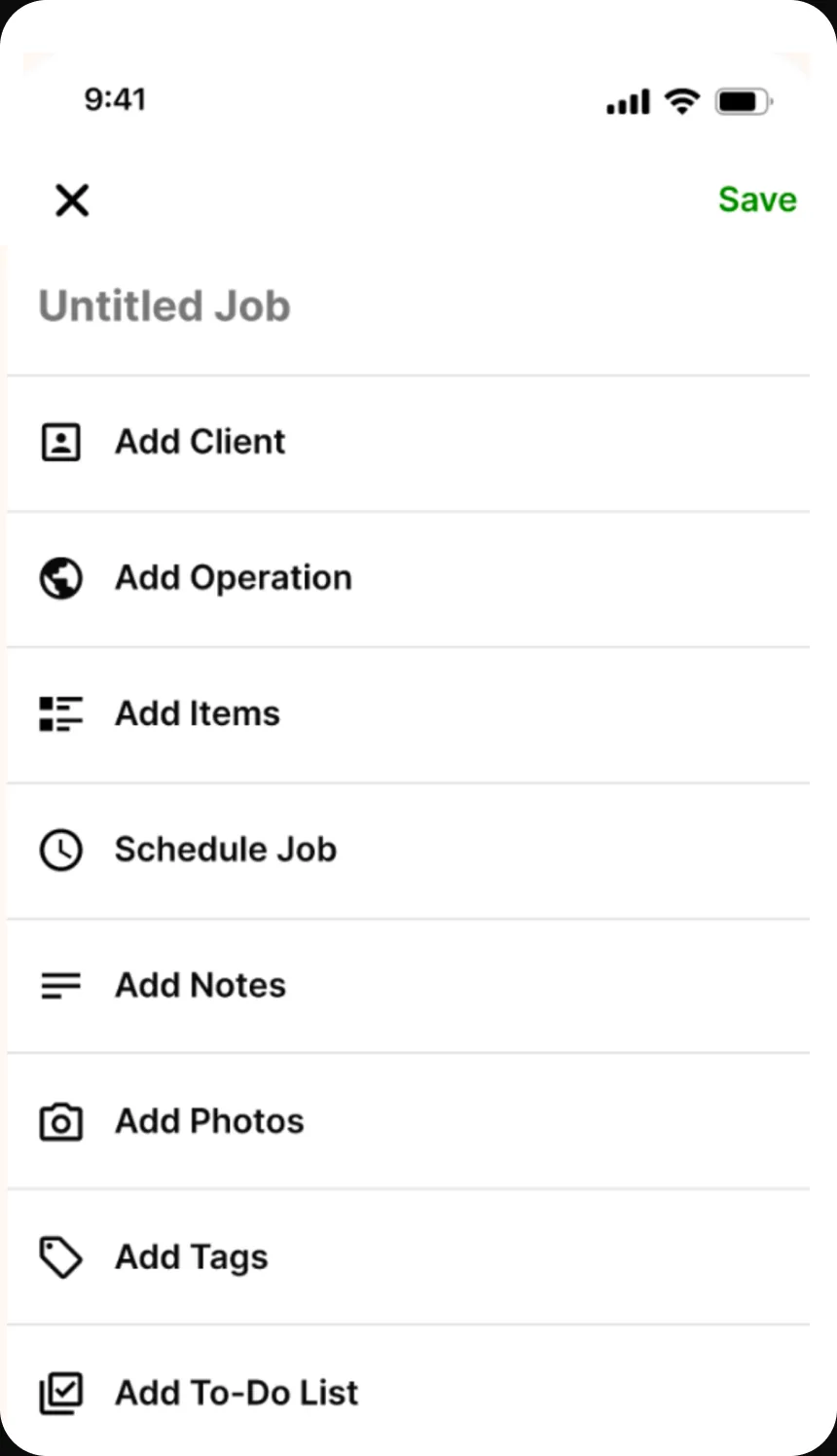 An Untitled Job screen with the same field pattern as the proposal — Add Client, Add Operation, Add Items — plus Schedule Job, Add Notes, Add Photos, Add Tags, and Add To-Do List.