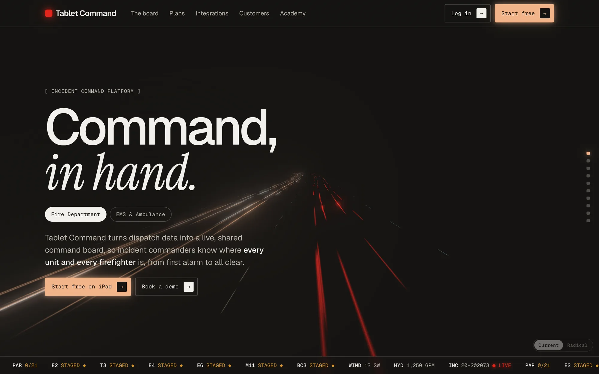 The Current hero: Command, in hand. in a large sans with the second line in italic serif, rounded pill toggles, a peach Start free on iPad button, and light trails.