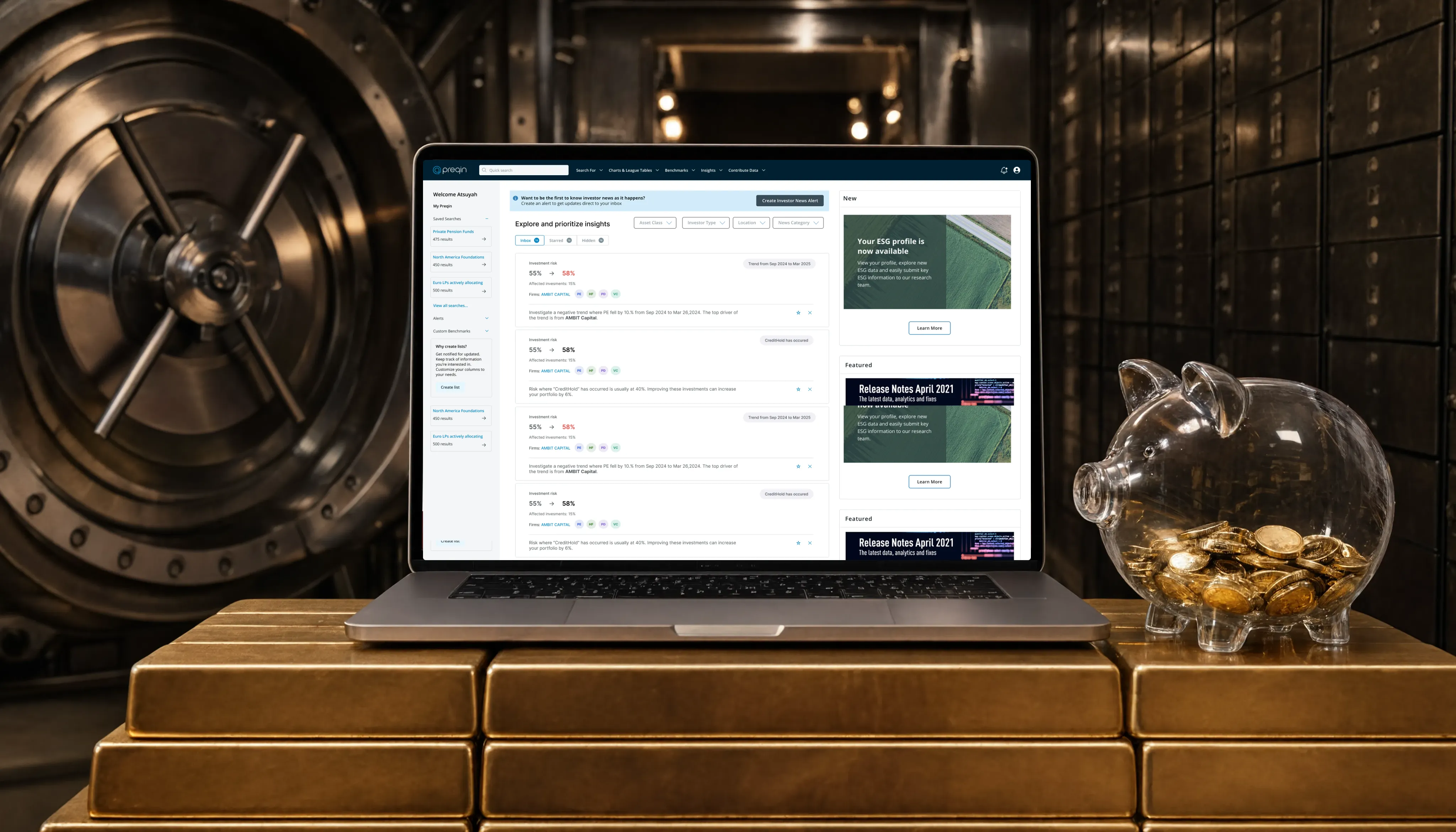 The AI insights dashboard displayed on a laptop beside a vault and a coin-filled piggy bank.