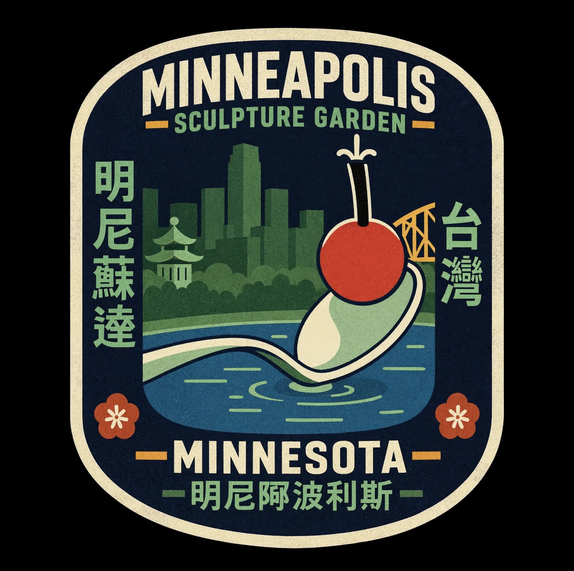 A rounded badge titled Minneapolis Sculpture Garden, Minnesota: a skyline and a pagoda behind a spoon holding a red cherry over blue water, with Chinese characters down each side and a plum blossom in each lower corner.