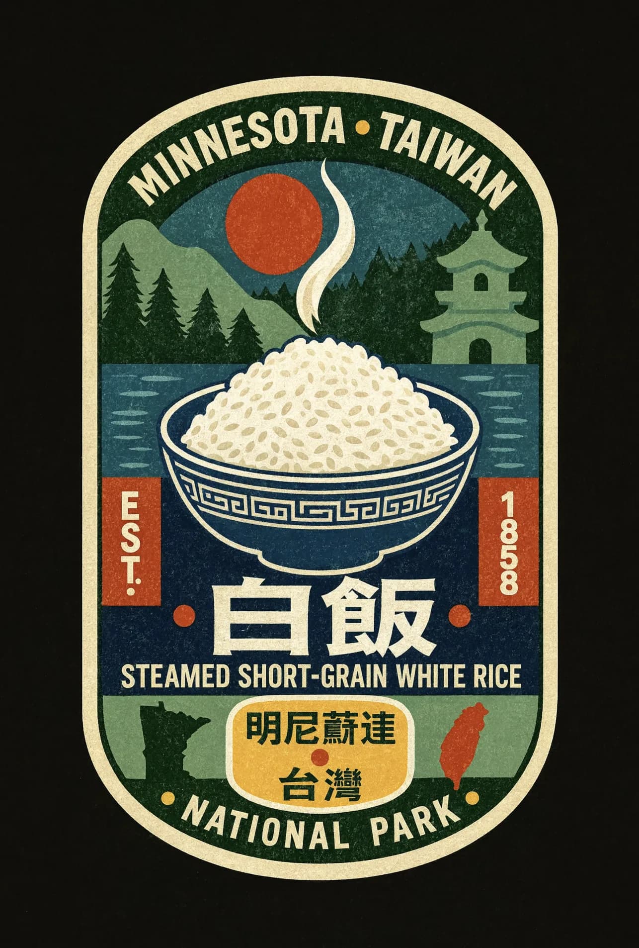 A tall badge reading Minnesota Taiwan National Park: a steaming bowl of white rice with a blue patterned rim, in front of pine forest, mountains, a red sun, and a pagoda, above the Chinese characters for white rice and the outlines of Minnesota and Taiwan.