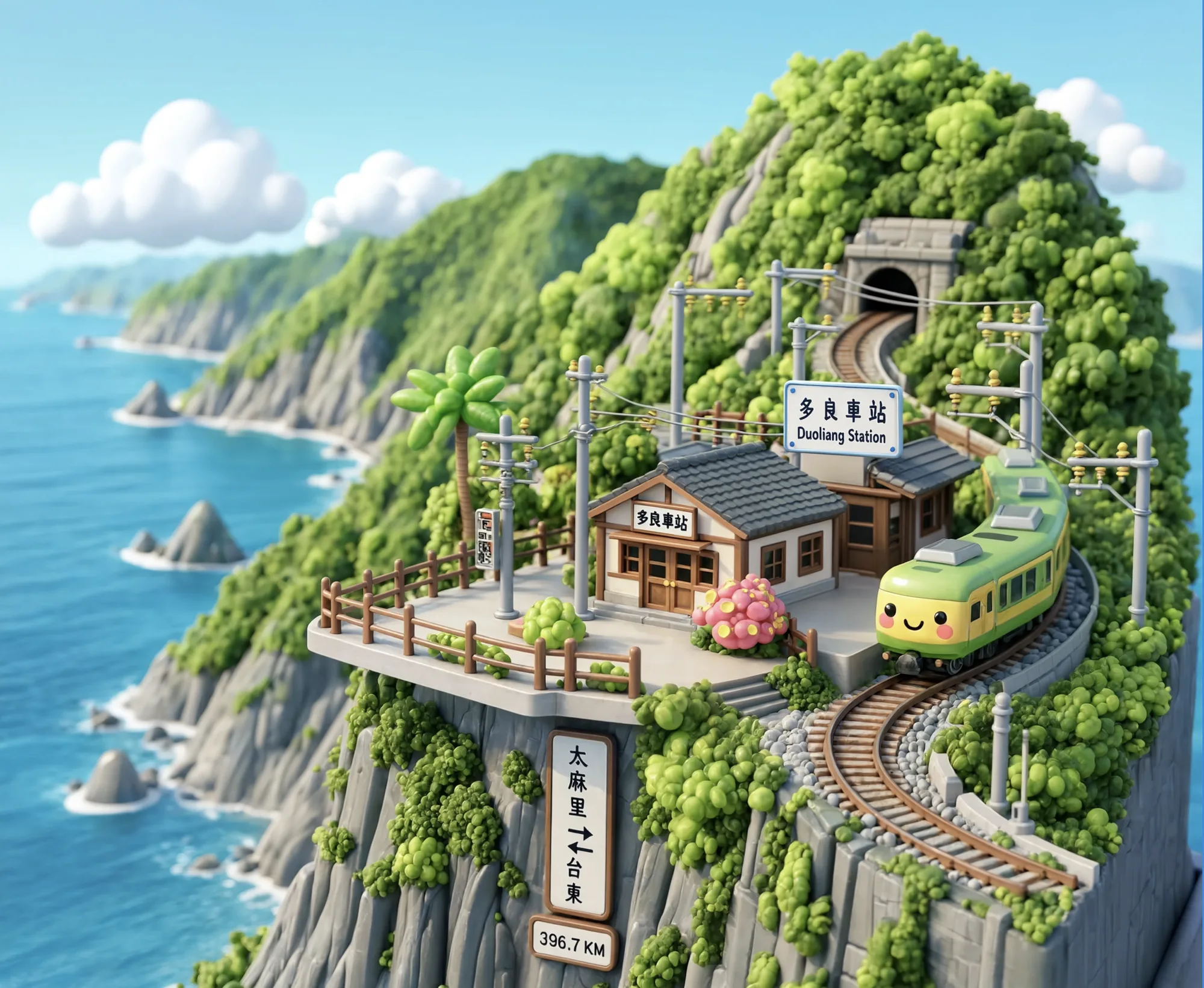 A glossy 3D diorama of a seaside railway station on a cliff, with a smiling green train, a tunnel, rounded foliage, and signs reading Duoliang Station.