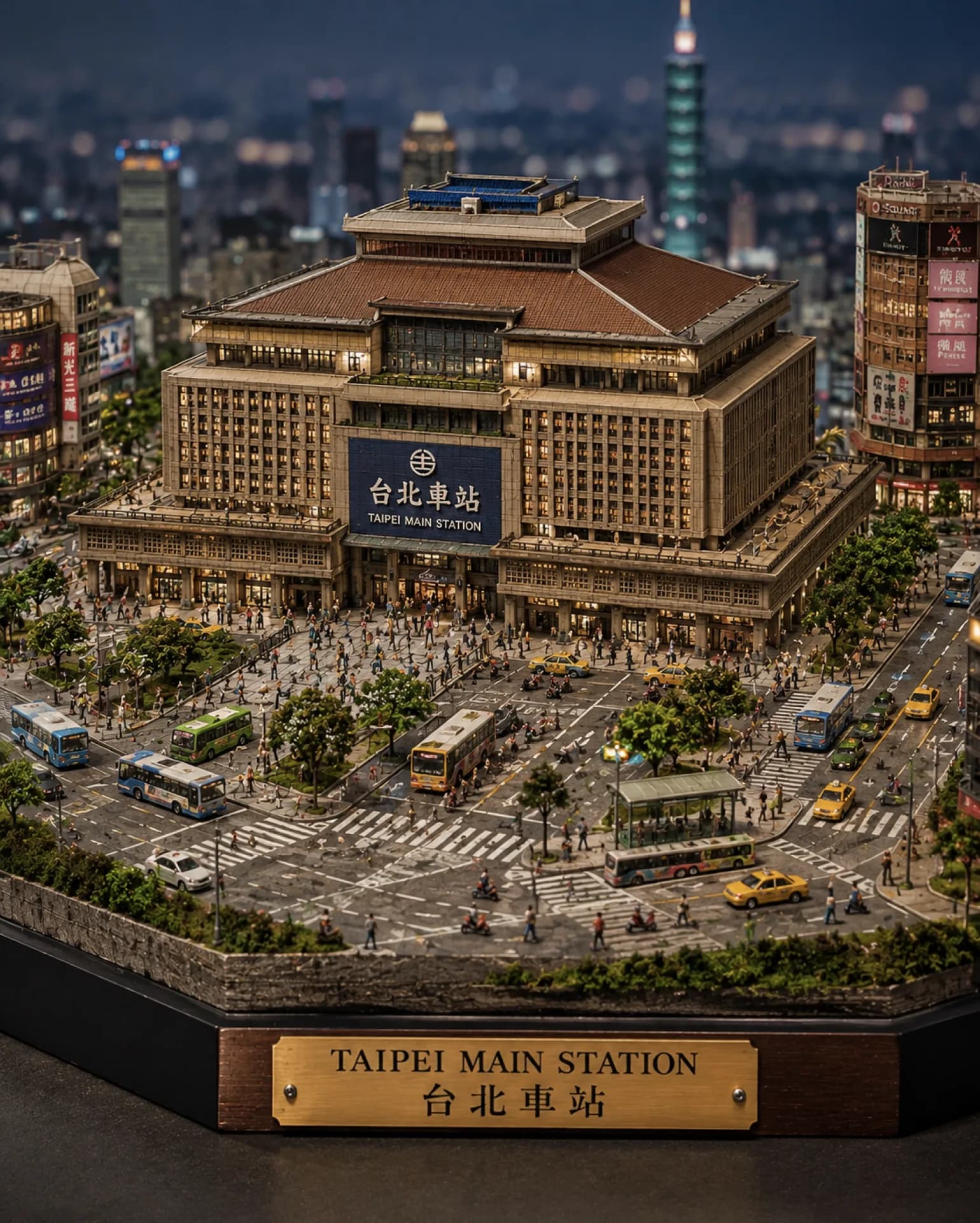 A photographic miniature of Taipei Main Station at night, with tiny people, buses, and taxis on a plinth, and a brass plaque reading Taipei Main Station.