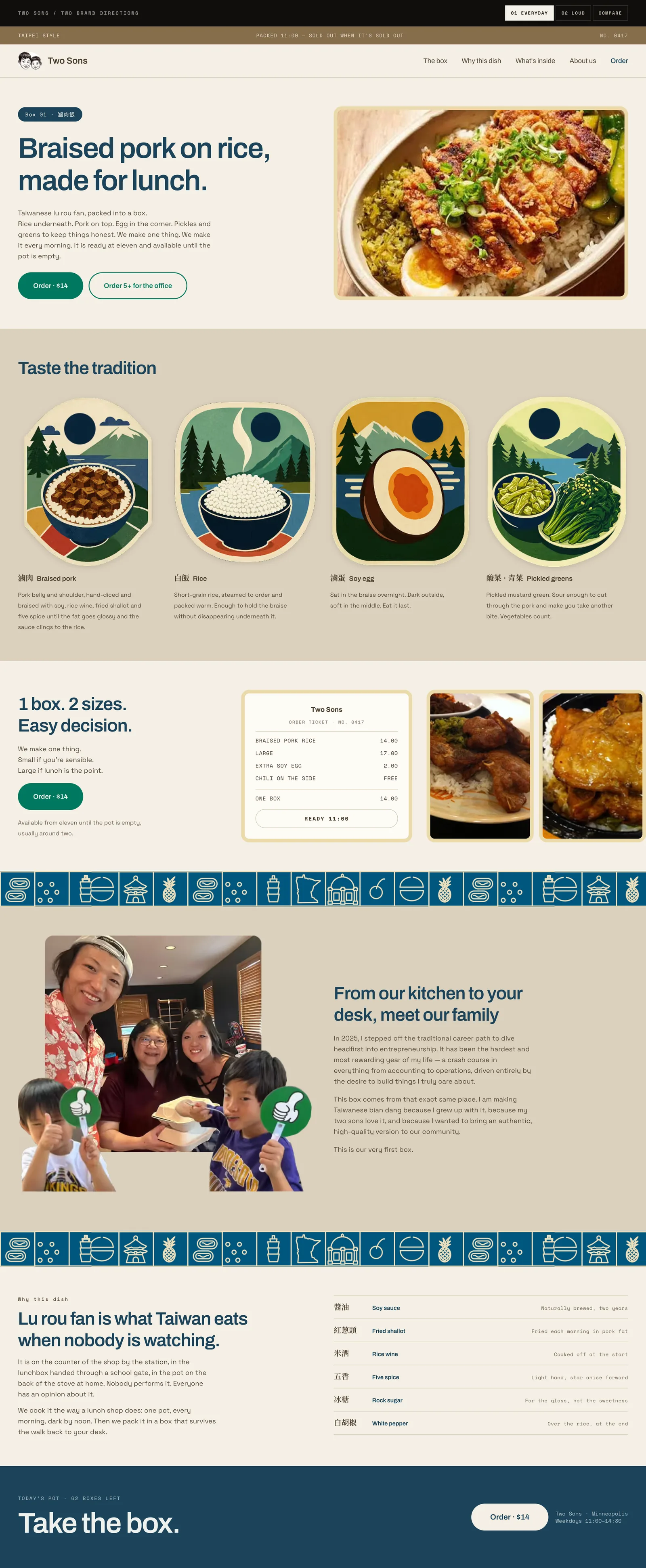The full Everyday page, from the hero down through sand and cream bands with an illustrated badge for each ingredient.