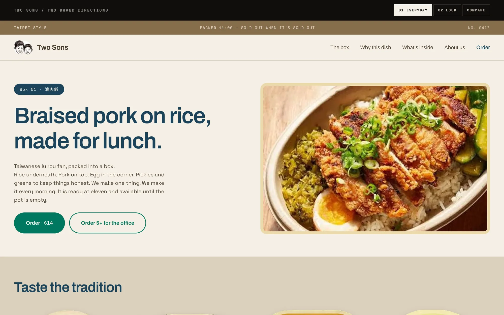 The Everyday direction: a cream page with a navy headline reading Braised pork on rice, made for lunch, a green order button, and a photo of fried pork over rice with greens and an egg in a bowl.