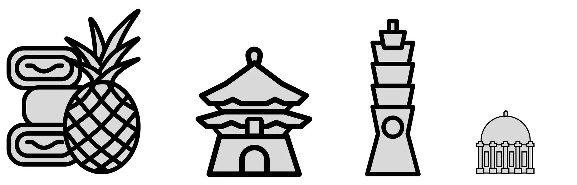 Four grey icons with heavy black outlines: stacked pineapple pastries beside a pineapple, a two-tiered temple, Taipei 101, and a domed building with columns.