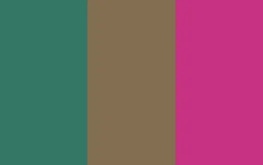 Three vertical color bands: teal green, brown, and magenta.